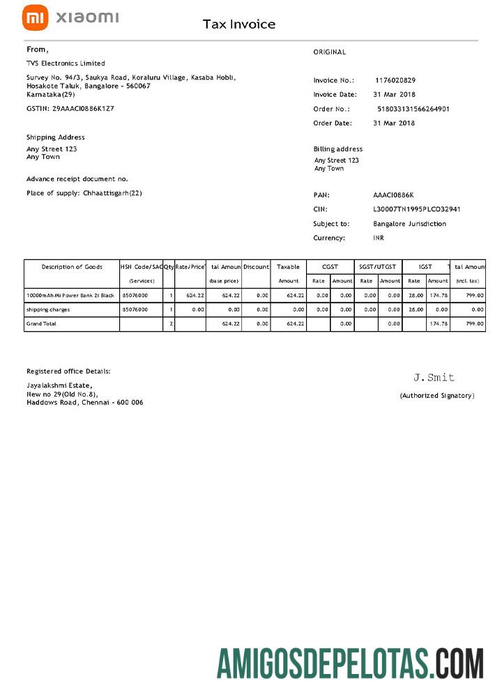 imprimível Modelo de fatura Xiaomi dos EUA